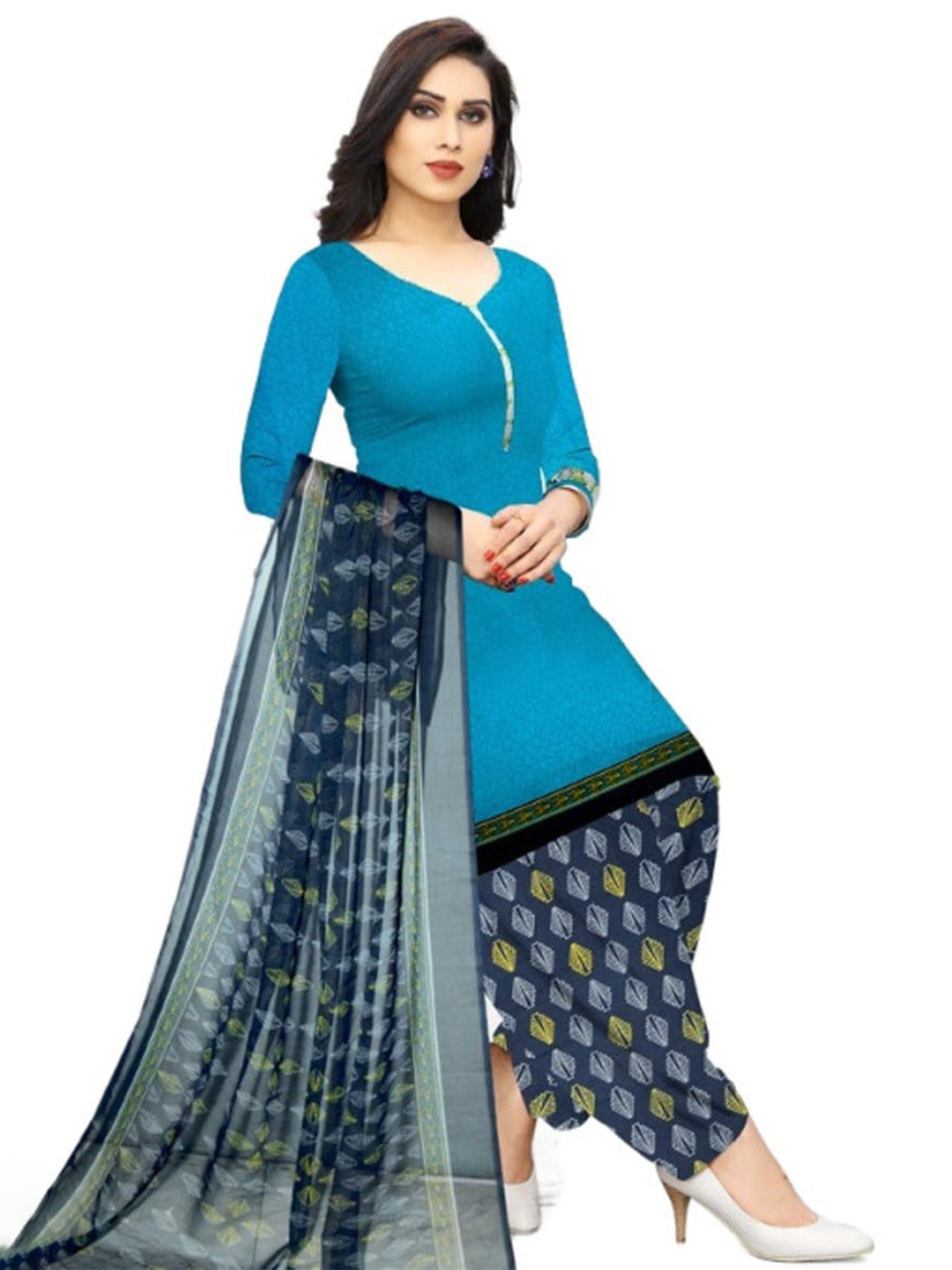 

INDIAN HERITAGE Ethnic Motifs Printed Silk Crepe Unstitched Dress Material, Blue