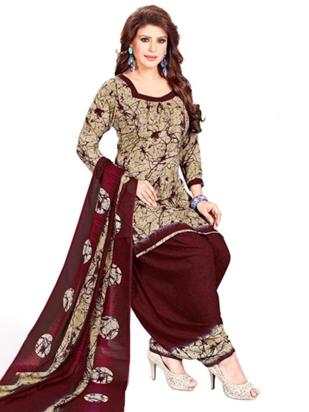 

INDIAN HERITAGE Printed Silk Crepe Unstitched Dress Material, Beige
