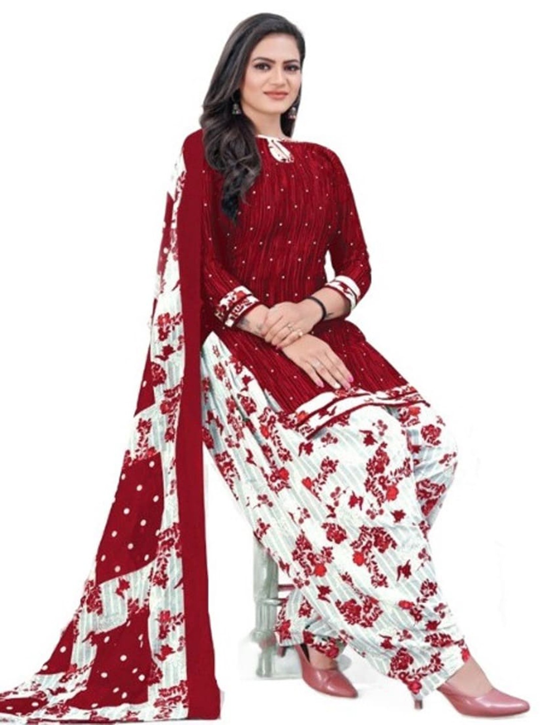 

INDIAN HERITAGE Floral Printed Silk Crepe Unstitched Dress Material, Maroon