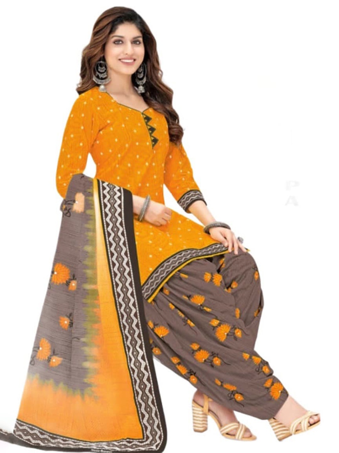 

INDIAN HERITAGE Printed Silk Crepe Unstitched Dress Material, Yellow