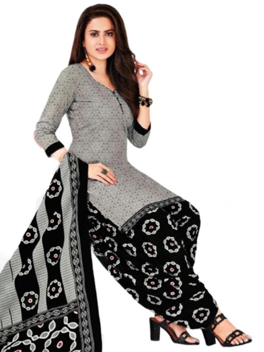 

INDIAN HERITAGE Printed Silk Crepe Unstitched Dress Material, Grey