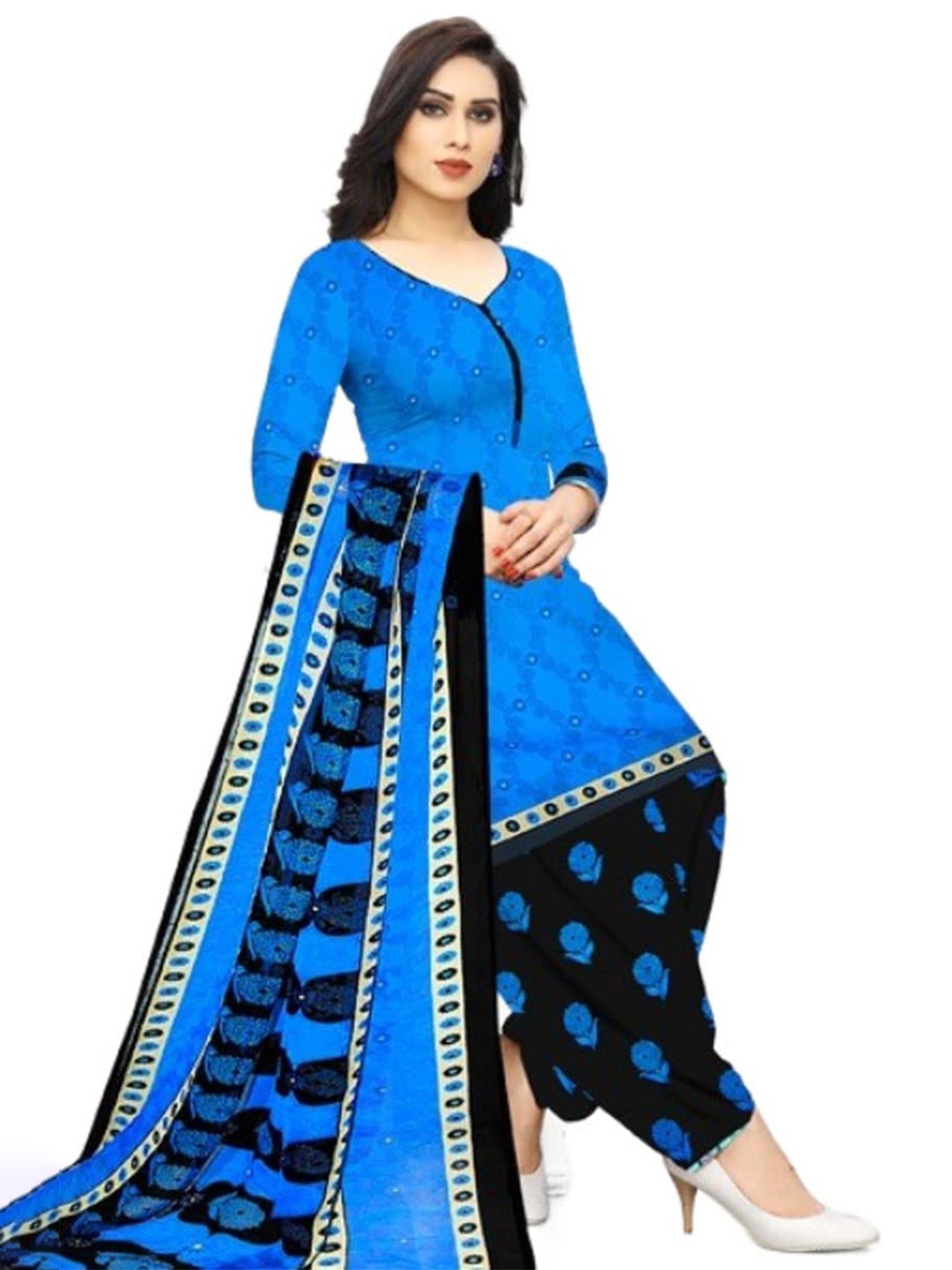 

INDIAN HERITAGE Printed Silk Crepe Unstitched Dress Material, Blue