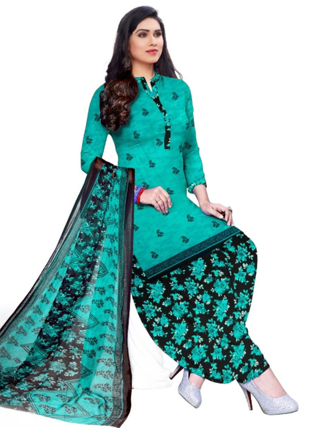 

INDIAN HERITAGE Printed Silk Crepe Unstitched Dress Material, Blue