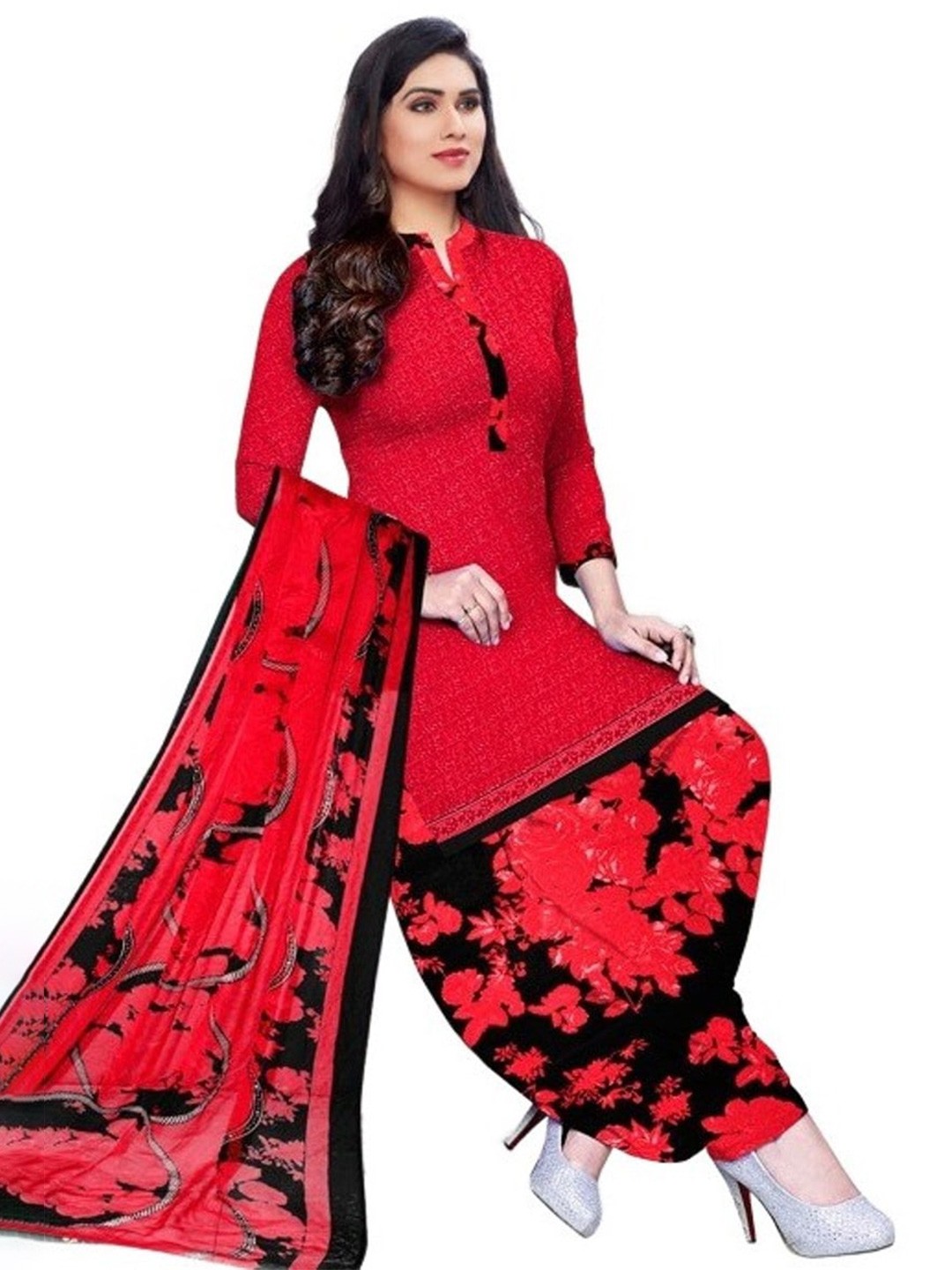 

INDIAN HERITAGE Printed Silk Crepe Unstitched Dress Material, Red
