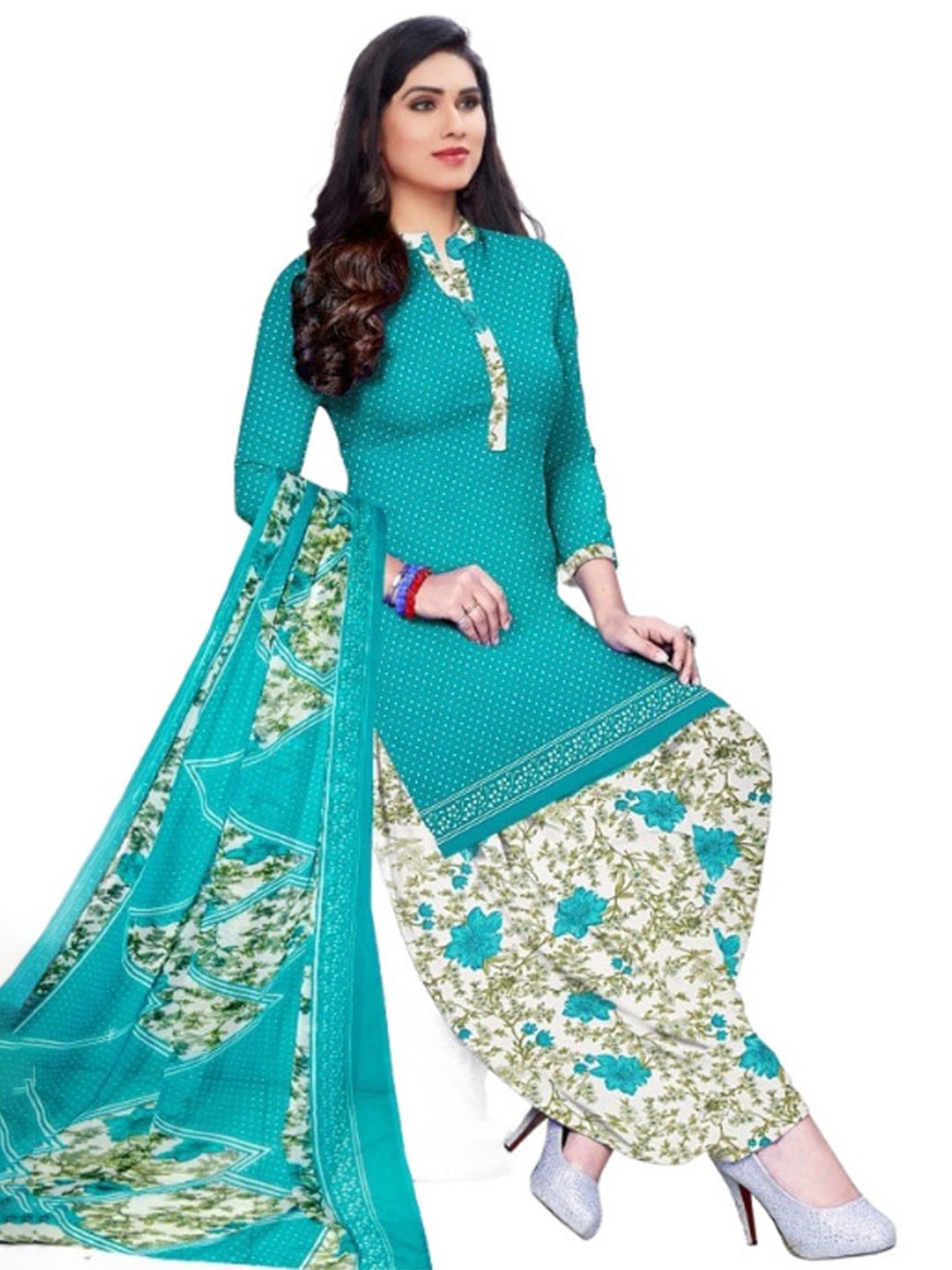 

INDIAN HERITAGE Printed Silk Crepe Unstitched Dress Material, Blue
