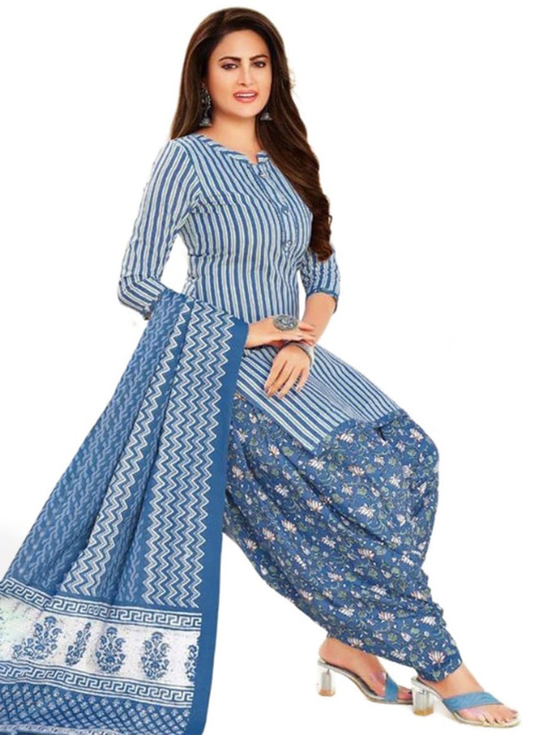 

INDIAN HERITAGE Striped Silk Crepe Unstitched Dress Material, Blue