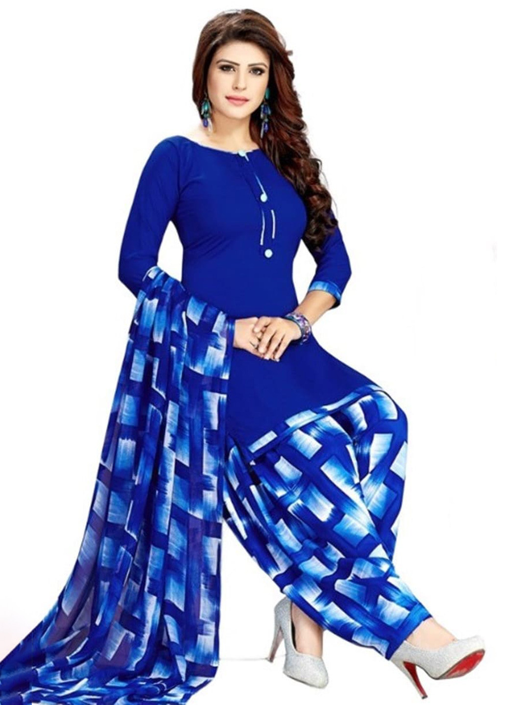 

INDIAN HERITAGE Printed Silk Crepe Unstitched Dress Material, Blue
