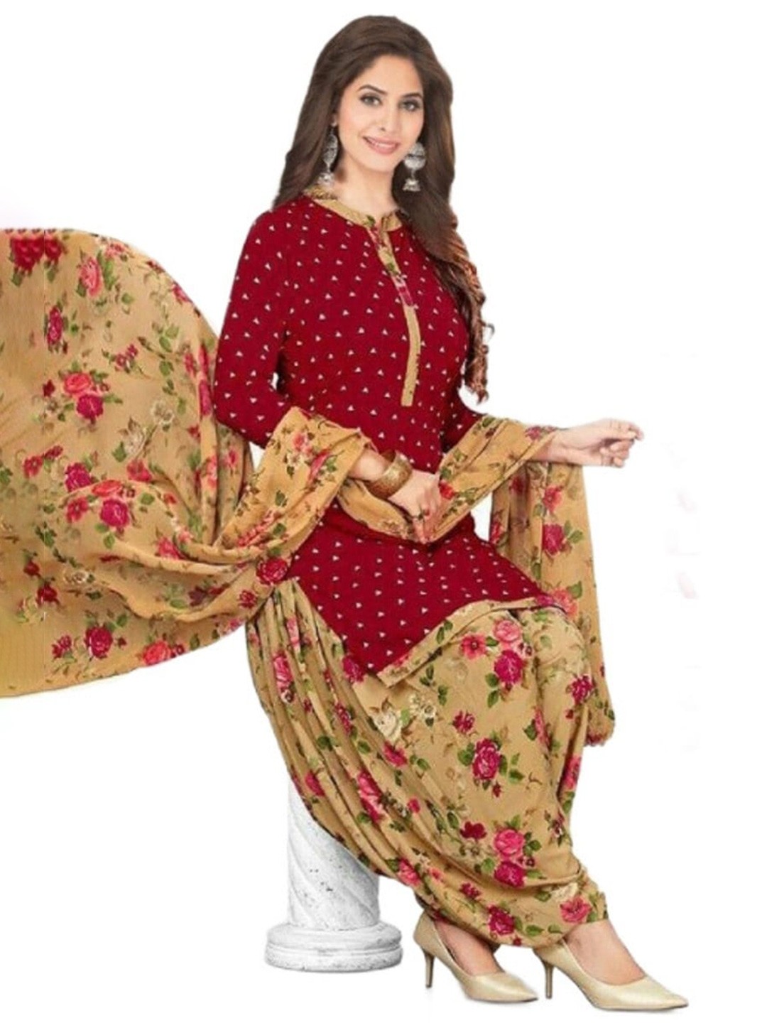 

INDIAN HERITAGE Ethnic Motifs Printed Silk Crepe Unstitched Dress Material, Red
