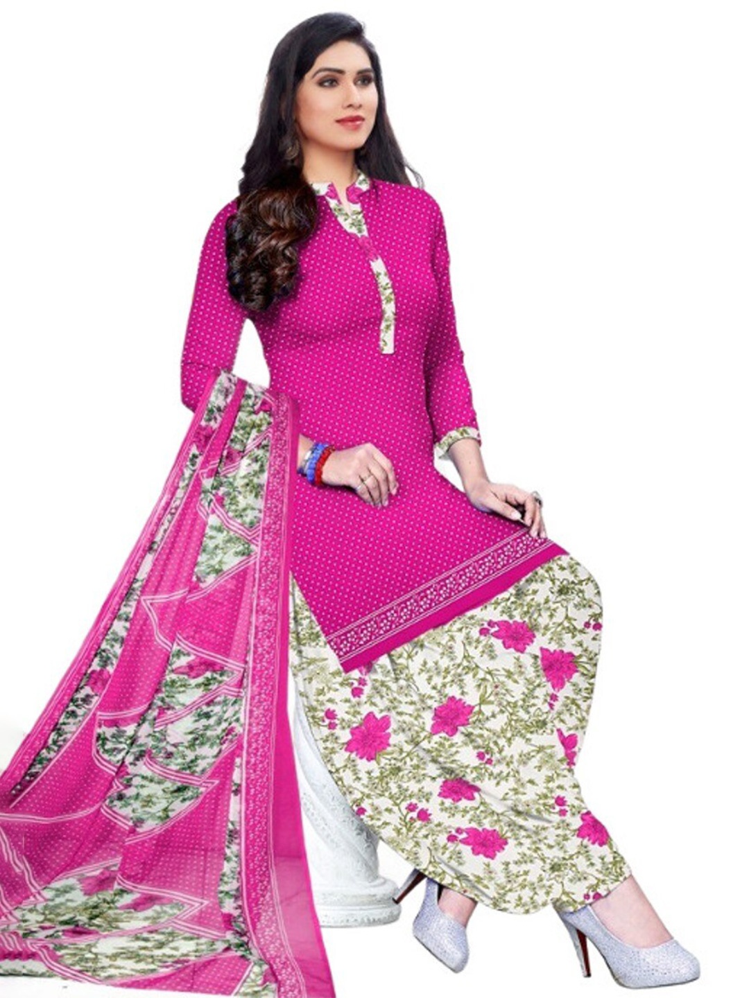 

INDIAN HERITAGE Printed Silk Crepe Unstitched Dress Material, Pink