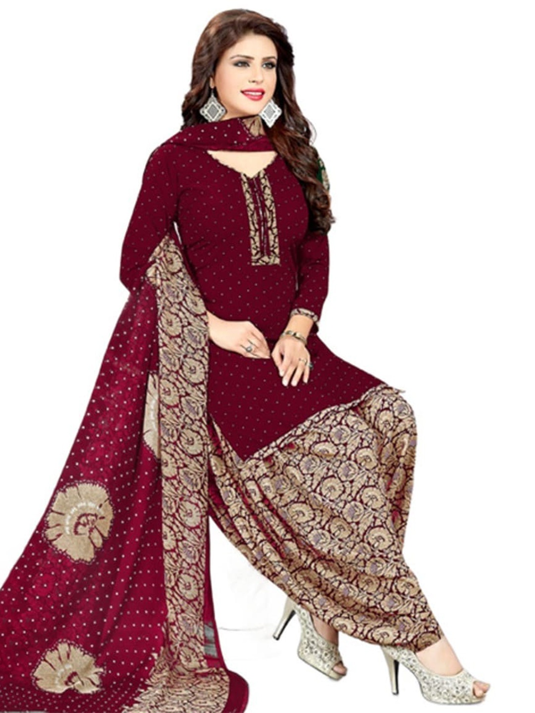 

INDIAN HERITAGE Printed Silk Crepe Unstitched Dress Material, Maroon