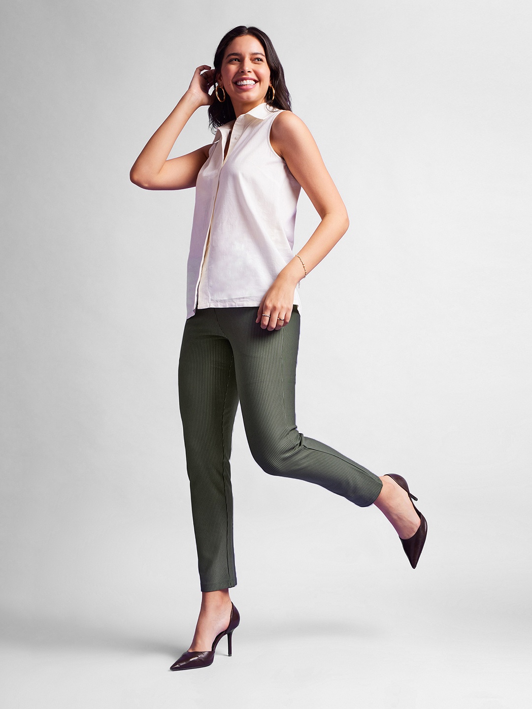 

FableStreet Women LivIn Striped Relaxed High-Rise Trousers, Olive
