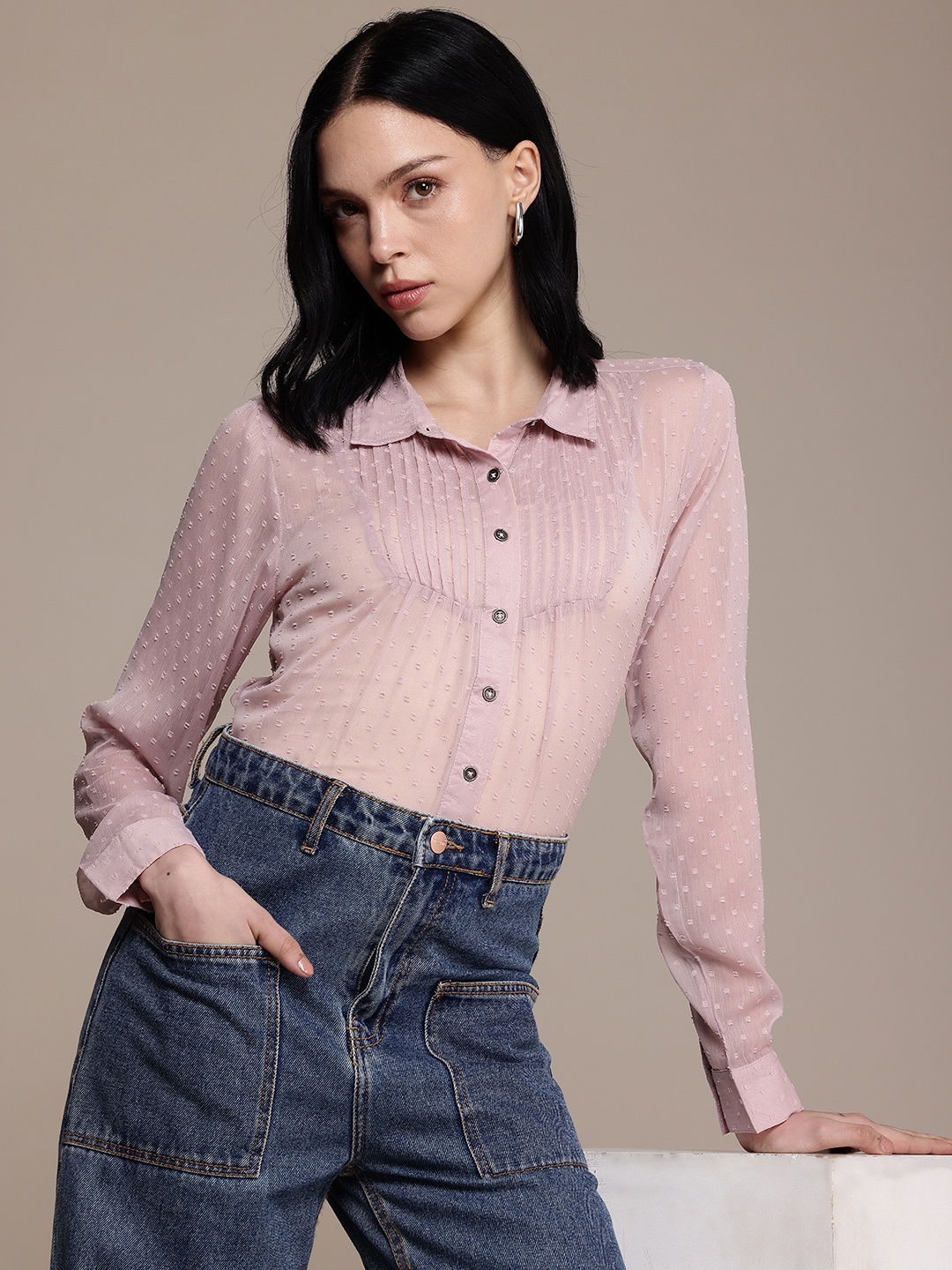 

The Roadster Life Co. Dobby Sheer Pintucks Casual Shirt, Mauve