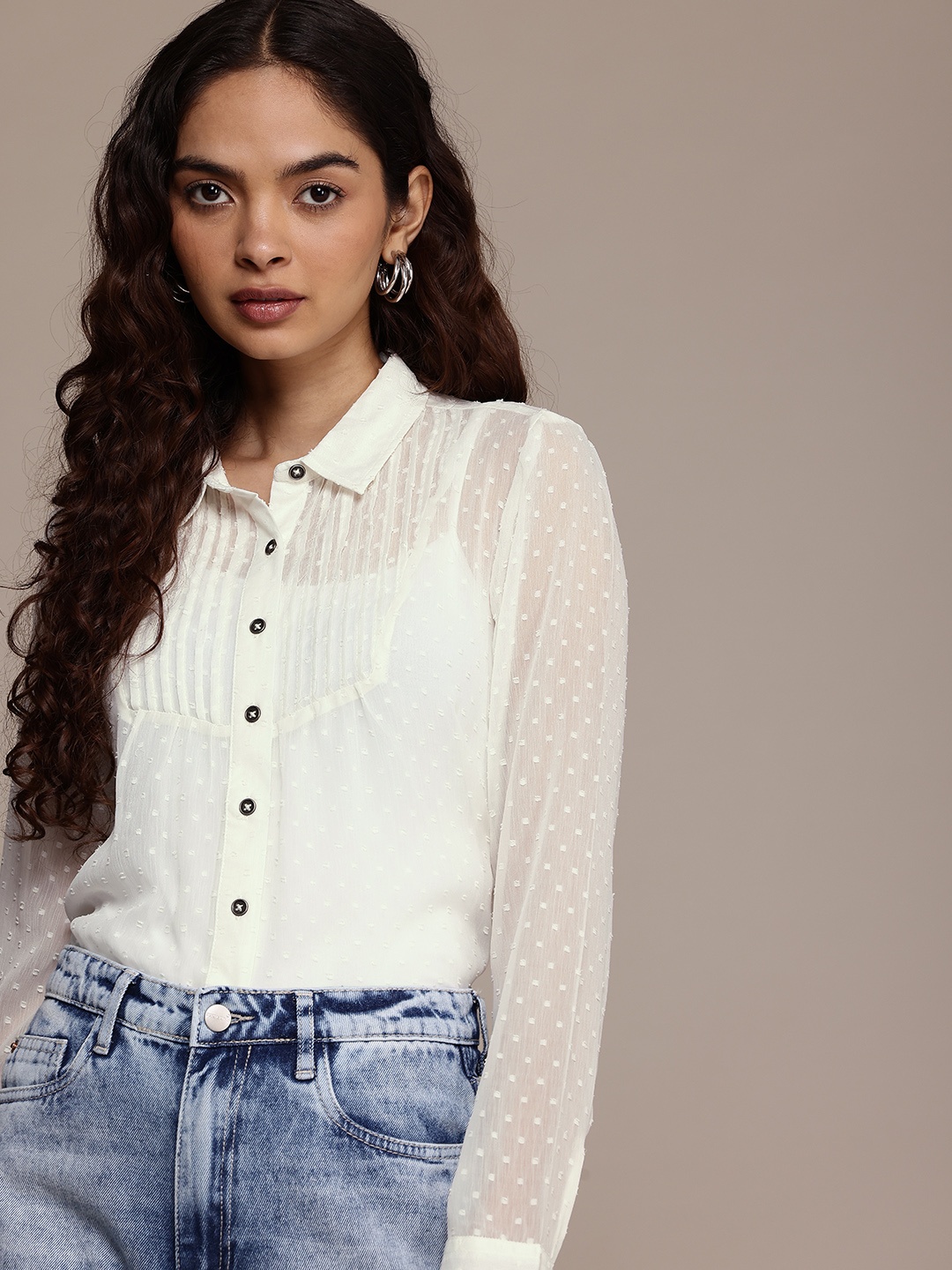 

The Roadster Life Co. Dobby Sheer Pintucks Casual Shirt, White