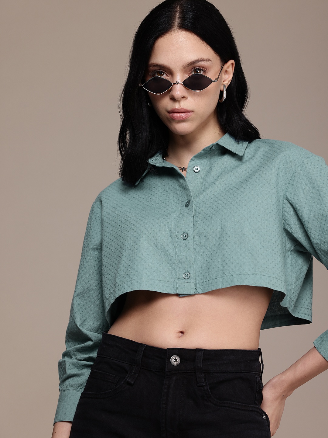 

The Roadster Life Co. Pure Cotton Super Self Design Textured Crop Shirt, Green