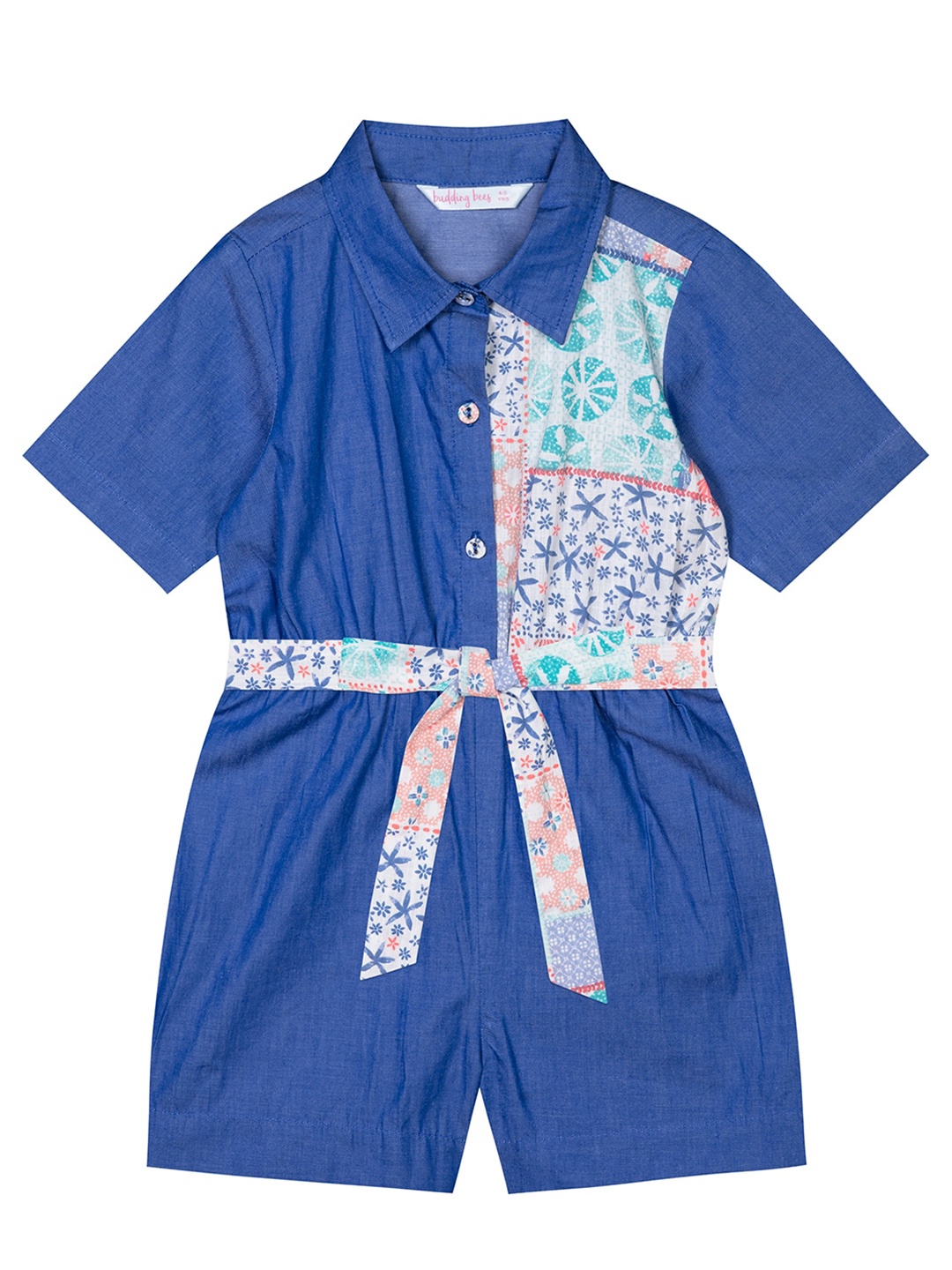 

Budding Bees Girls Waist Tie-Ups Jumpsuit, Blue