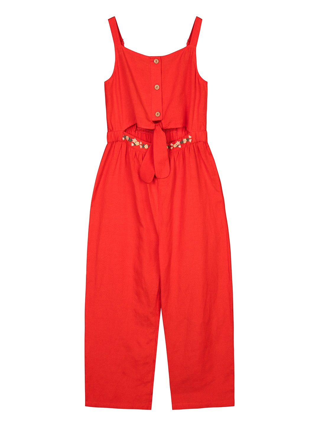 

Budding Bees Girls Waist Embroidered Cut work Basic Jumpsuit, Red