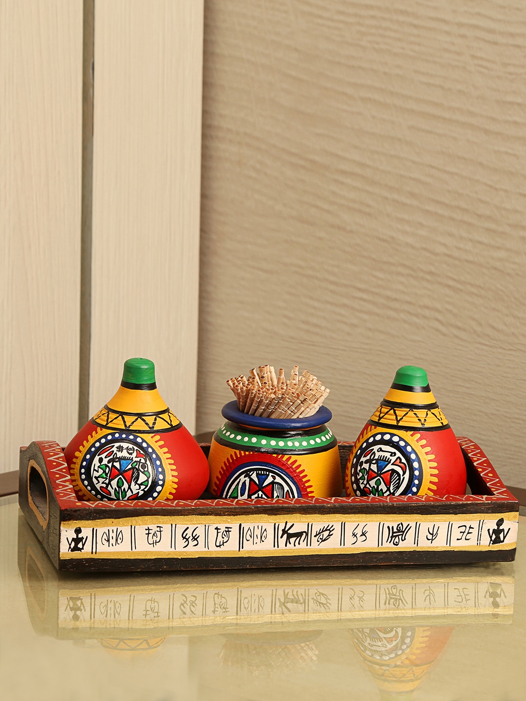 

ExclusiveLane Hand-Painted Warli Salt & Pepper Shaker With Toothpick Holder & Wooden Tray, Red