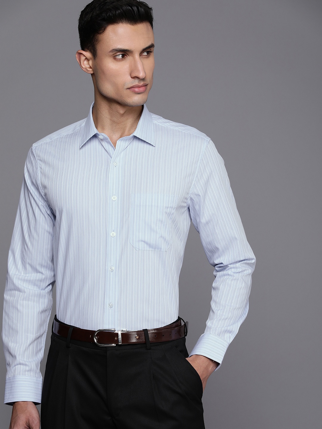 

Louis Philippe Cotton Slim Fit Opaque Striped Formal Shirt, Blue
