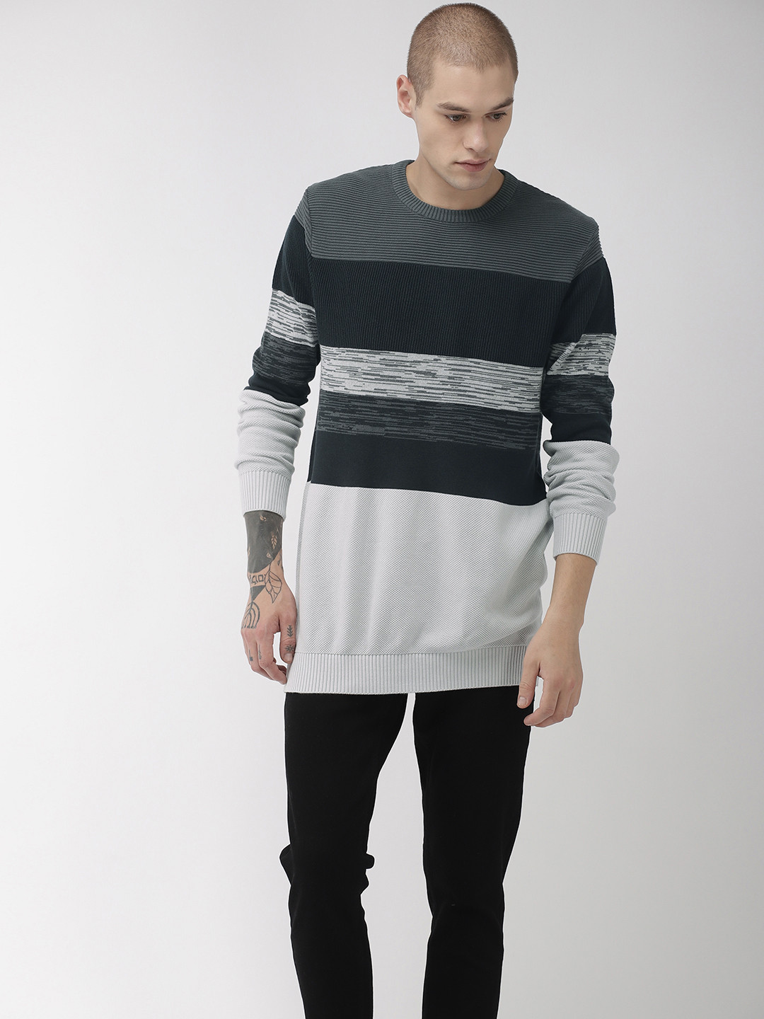

Flying Machine Men Grey & Teal Blue Colourblocked Pullover