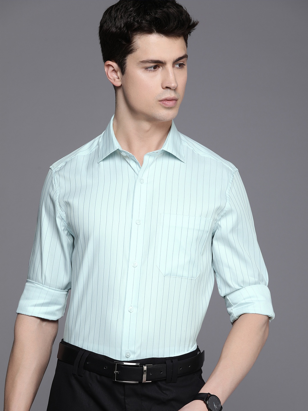 

Louis Philippe Self-Striped Classic Pure Cotton Formal Shirt, Green