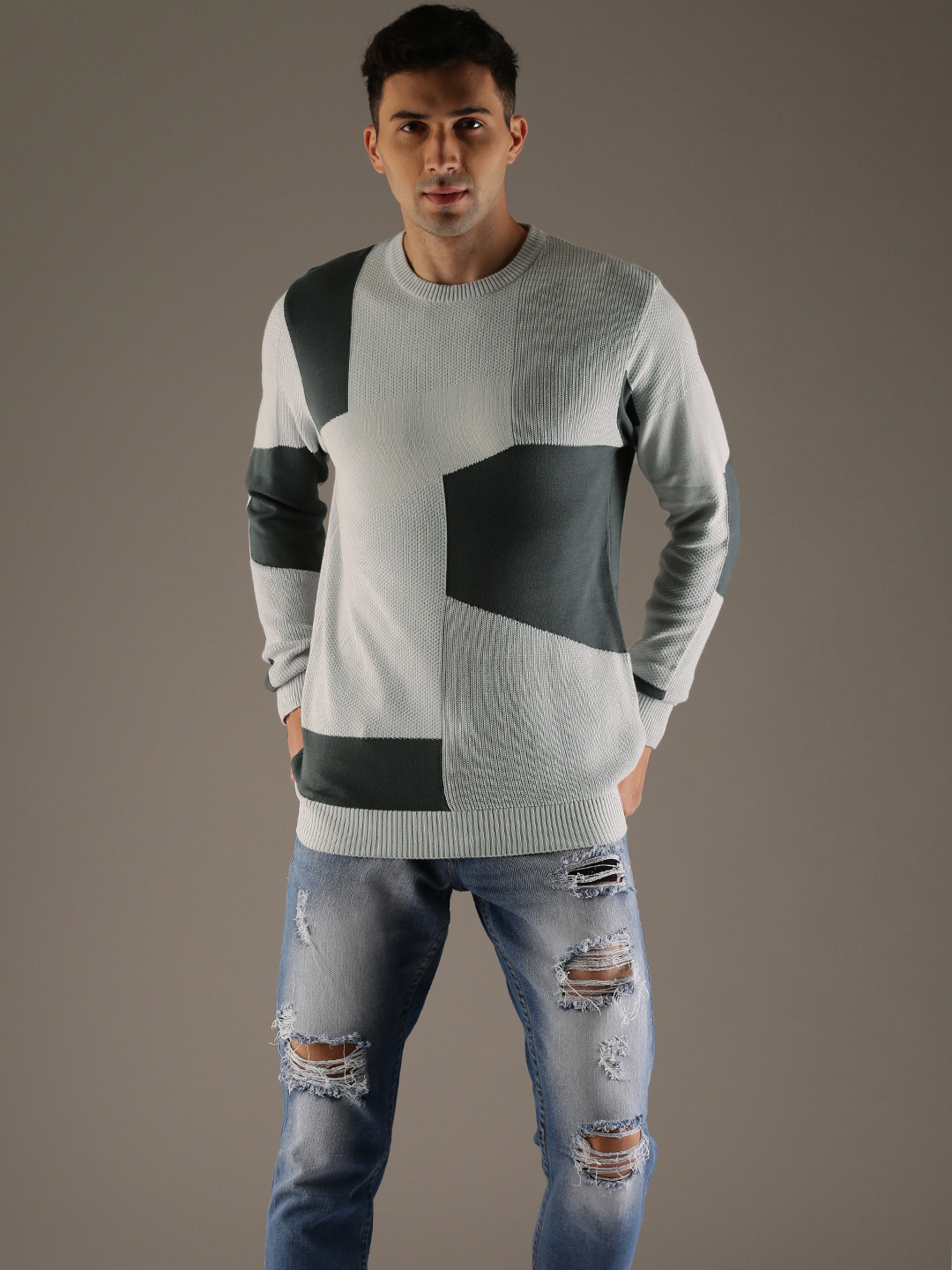 

Flying Machine Men Grey Colourblocked Pullover
