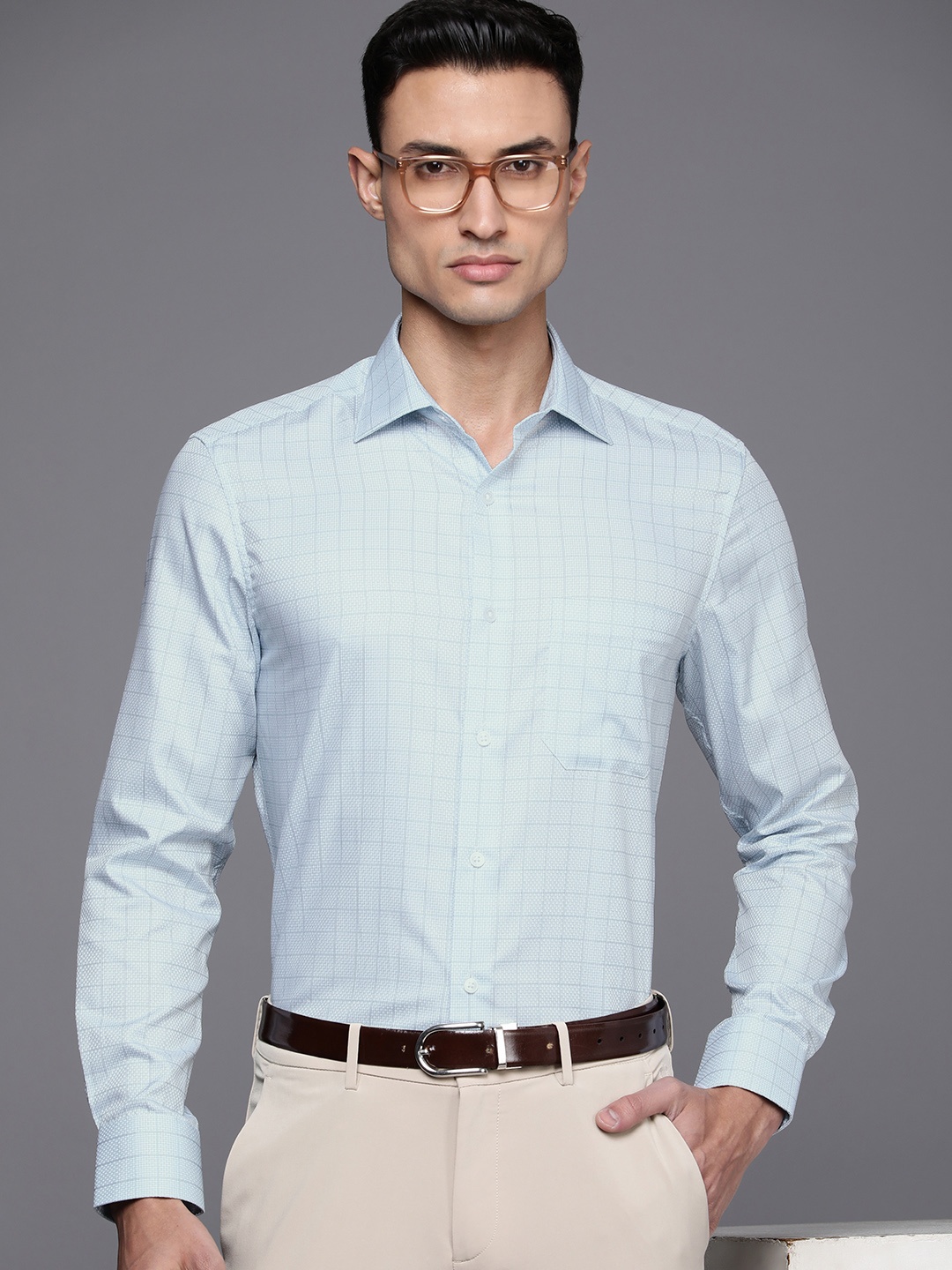 

Louis Philippe Men Pure Cotton Micro Checked Formal Shirt, Blue