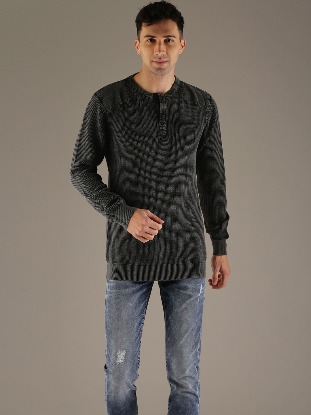

Flying Machine Men Black Self Design Pullover
