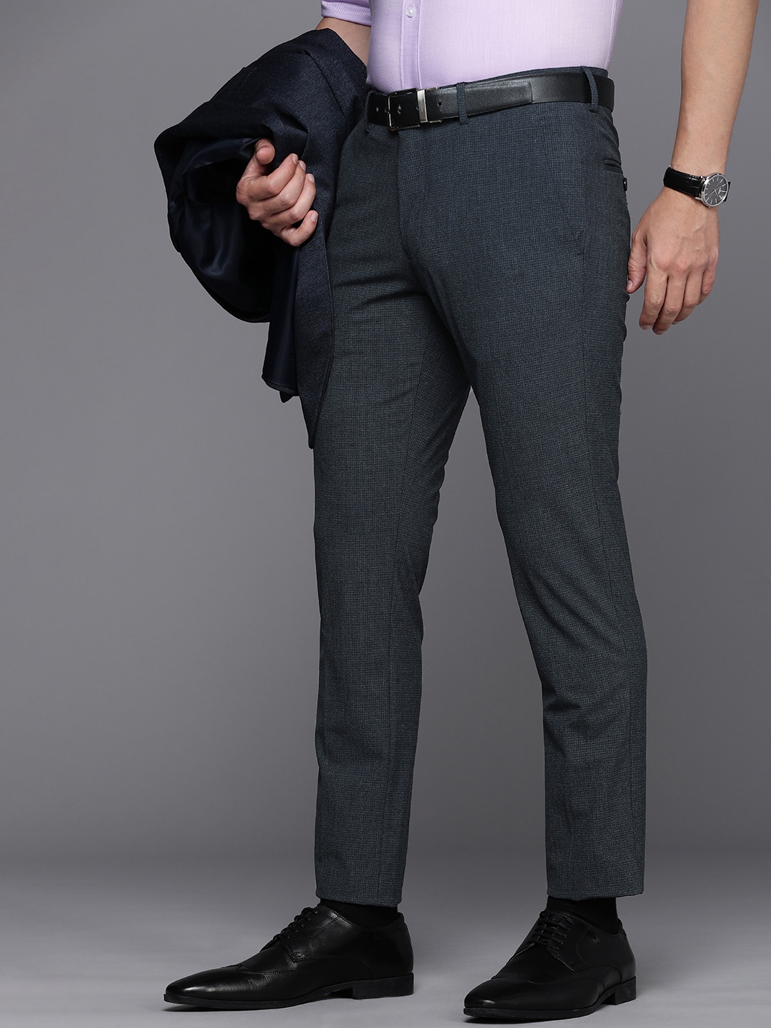 

Louis Philippe Men Mid-Rise Textured Super Slim Fit Trousers, Navy blue