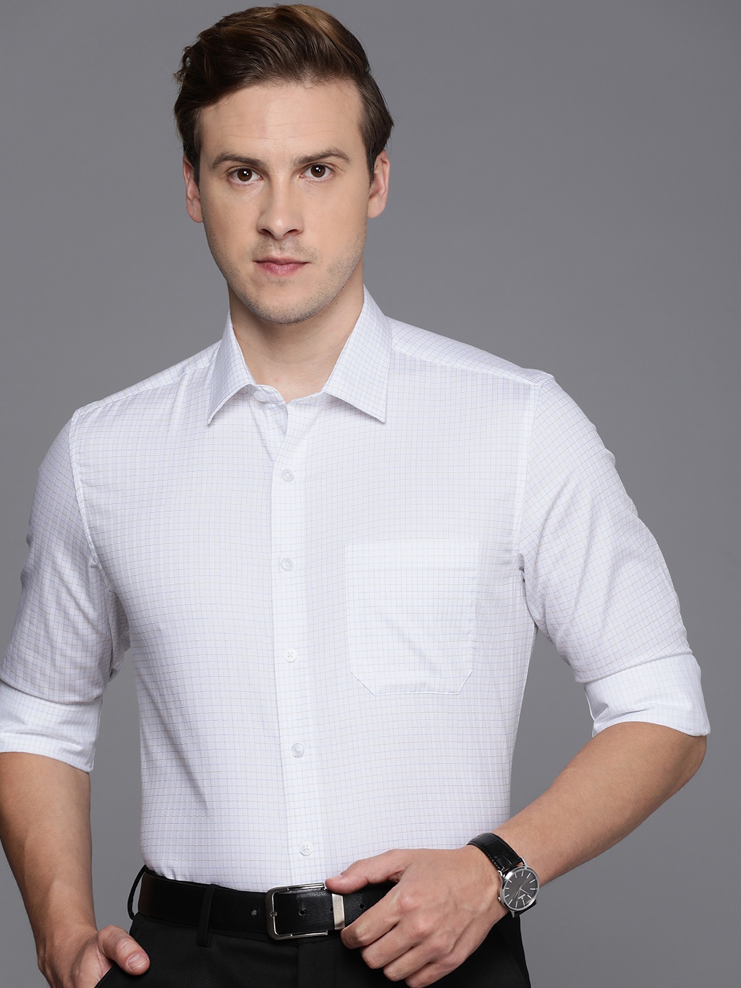 

Louis Philippe Cotton Slim Fit Micro Checks Opaque Formal Shirt, White