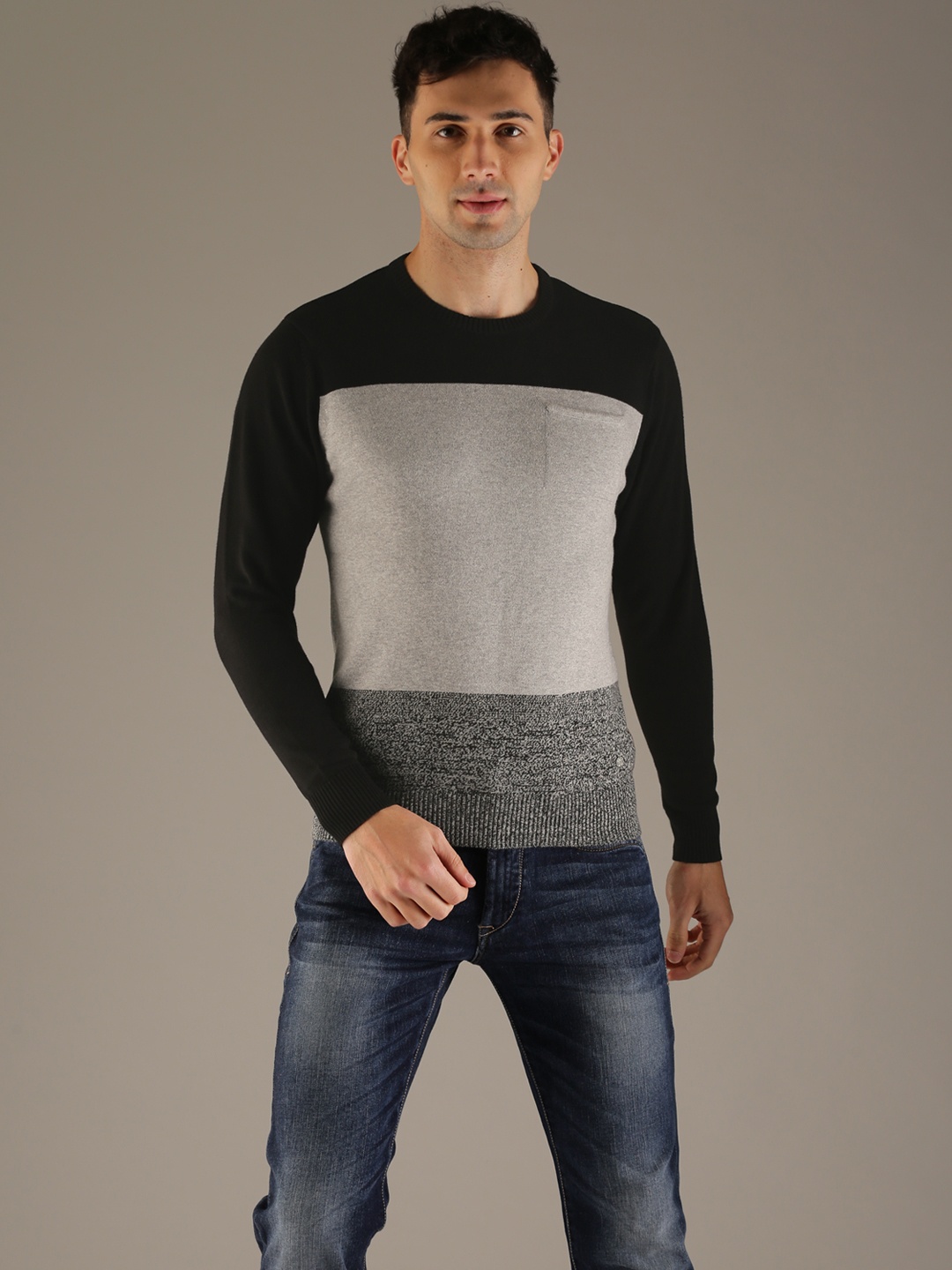 

Flying Machine Men Black & Grey Colourblocked Pullover