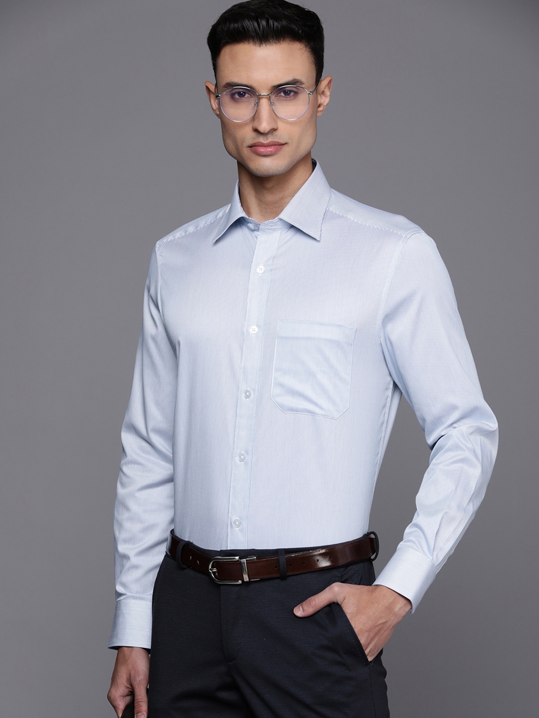 

Louis Philippe Men Pure Cotton Striped Formal Shirt, Blue