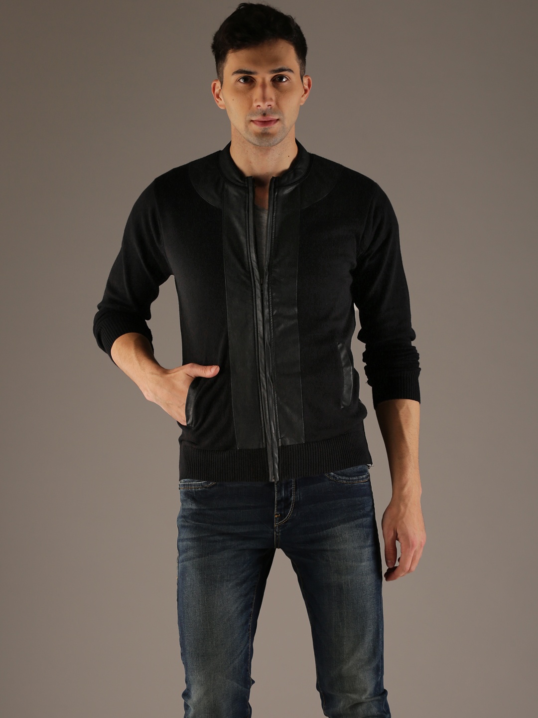 

Flying Machine Men Black Solid Front-Open Sweater