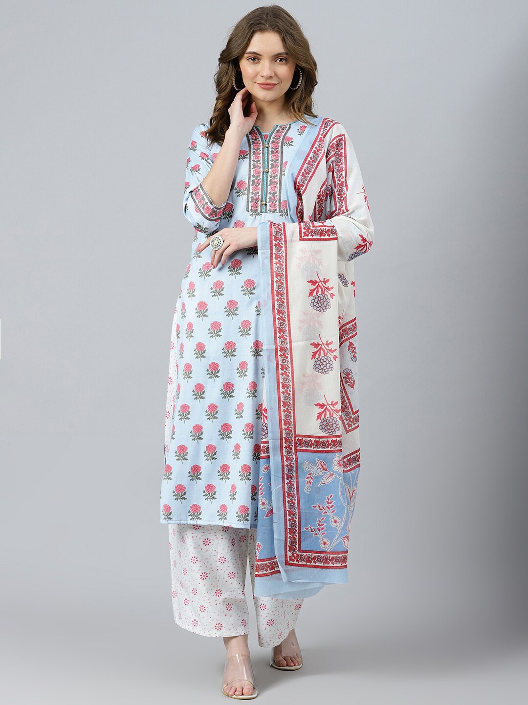 

RATAN Notched Neck Floral Printed Sequinned Pure Cotton Kurta with Palazzos & Dupatta, Blue