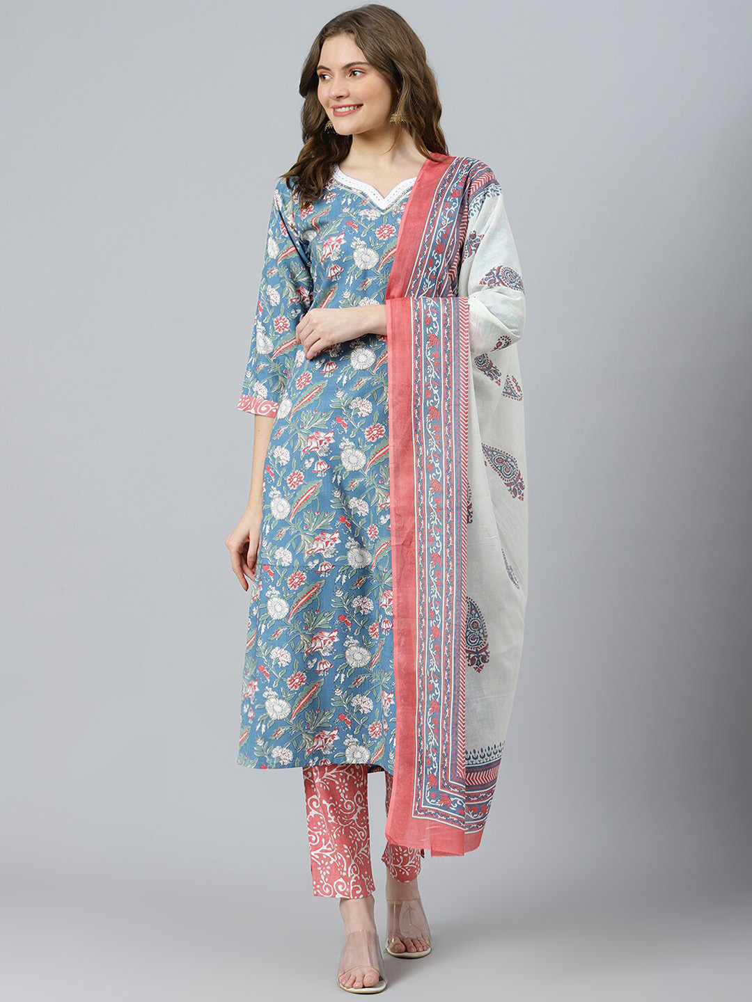 

RATAN Floral Printed Pure Cotton Kurta With Trousers & Dupatta, Blue