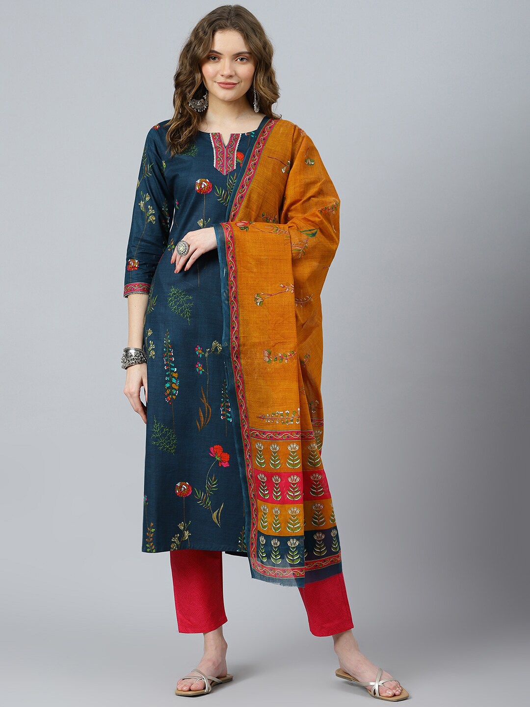 

RATAN Floral Printed Pure Cotton Kurta With Trousers & Dupatta, Navy blue