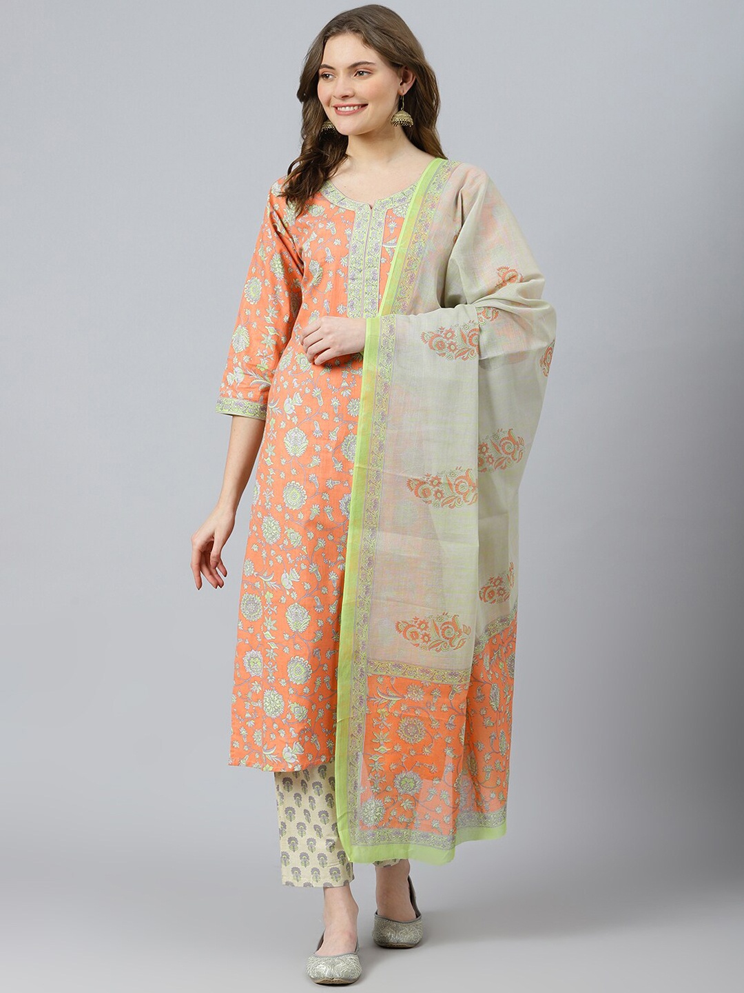 

RATAN Notch Neck Floral Printed Pure Cotton Straight Kurta With Trousers & Dupatta, Peach