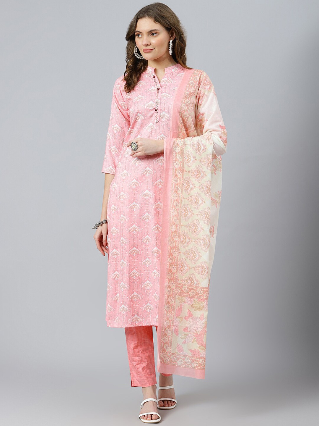 

RATAN Ethnic Motifs Printed Pure Cotton Kurta with Trousers & Dupatta, Peach