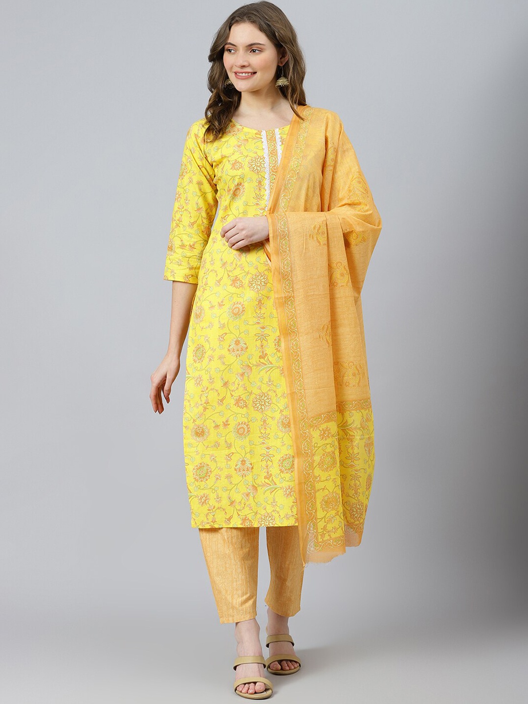 

RATAN Floral Printed Pure Cotton Kurta with Trousers & Dupatta, Yellow