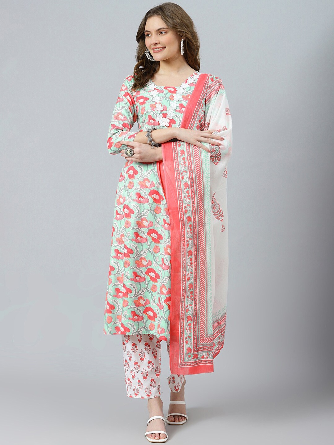 

RATAN Floral Printed Kurta With Trousers & Dupatta, Sea green