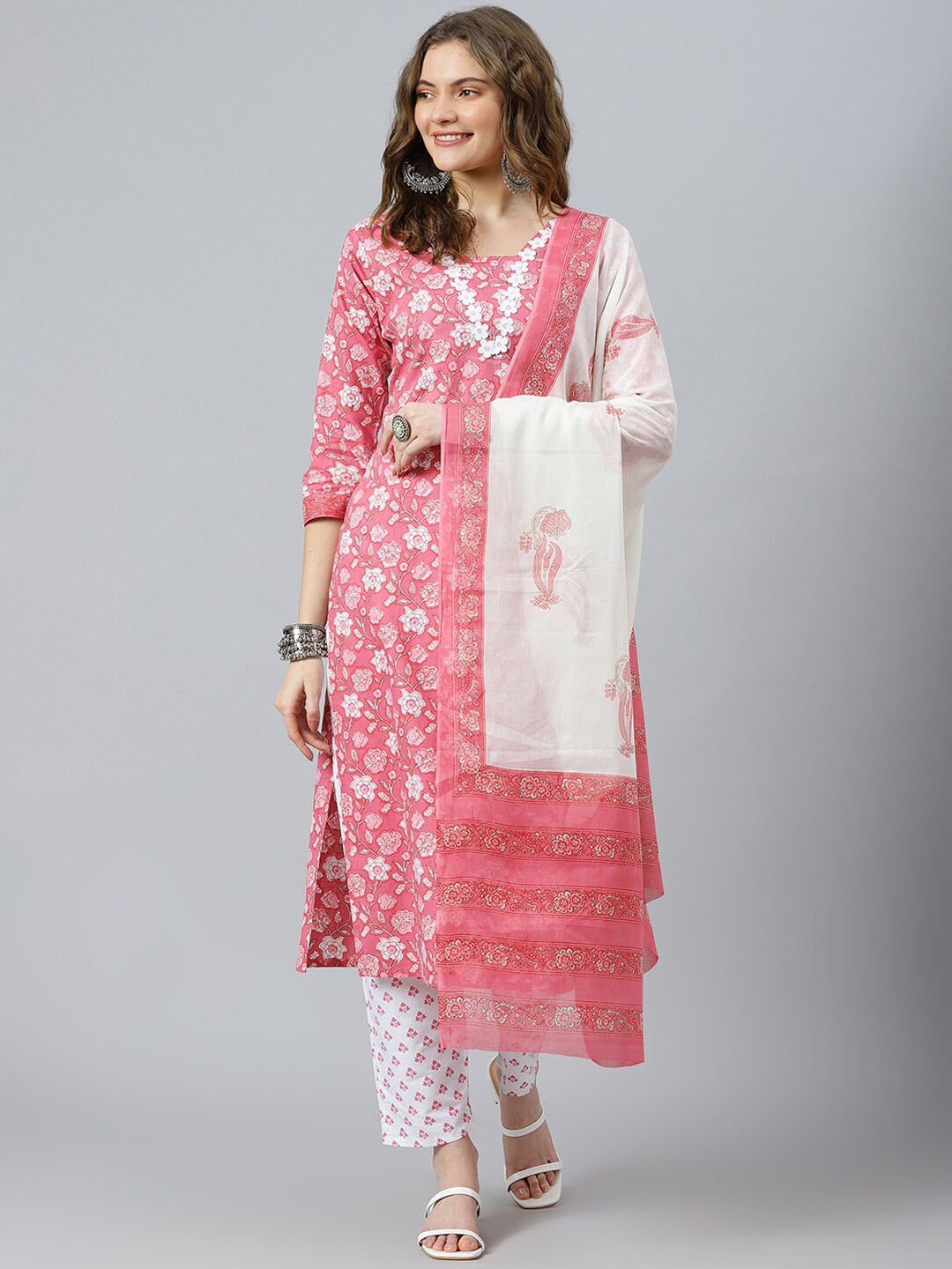 

RATAN Floral Printed Pure Cotton Kurta with Trousers & Dupatta, Pink