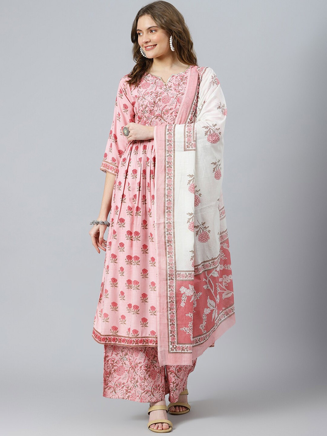 

RATAN Notch Neck Floral Printed Gotta Patti Anarkali Kurta With Palazzos & Dupatta, Pink