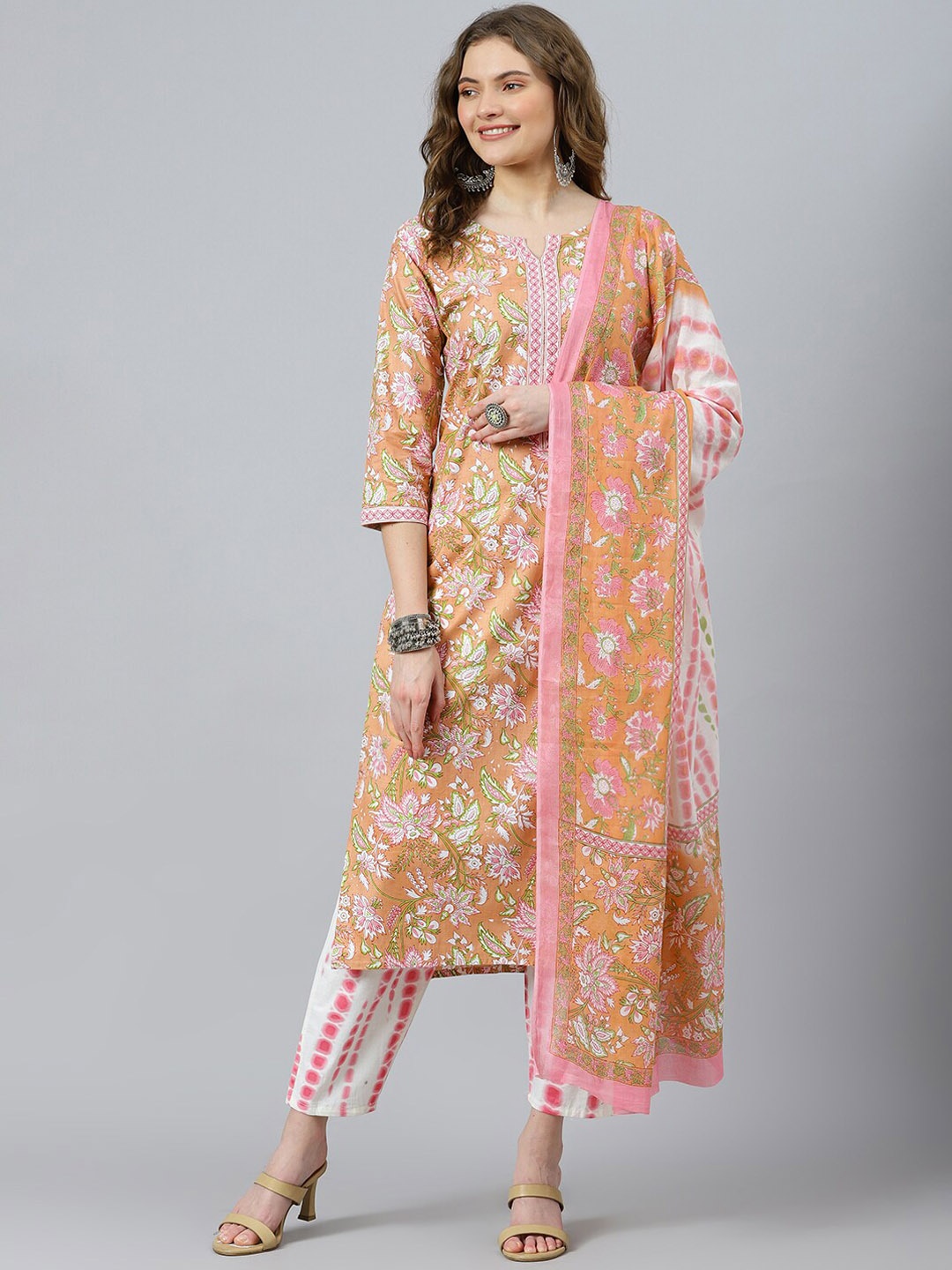 

RATAN Floral Printed Pure Cotton Kurta with Trousers & Dupatta, Orange