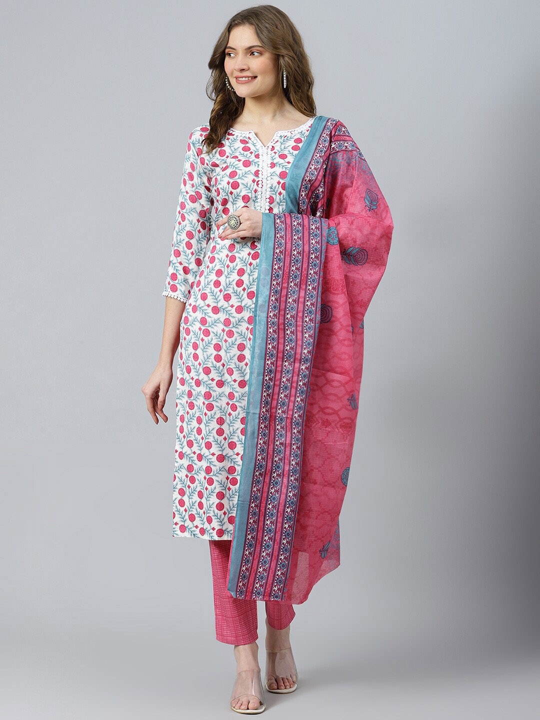 

RATAN Floral Printed Kurta with Trousers & Dupatta, White