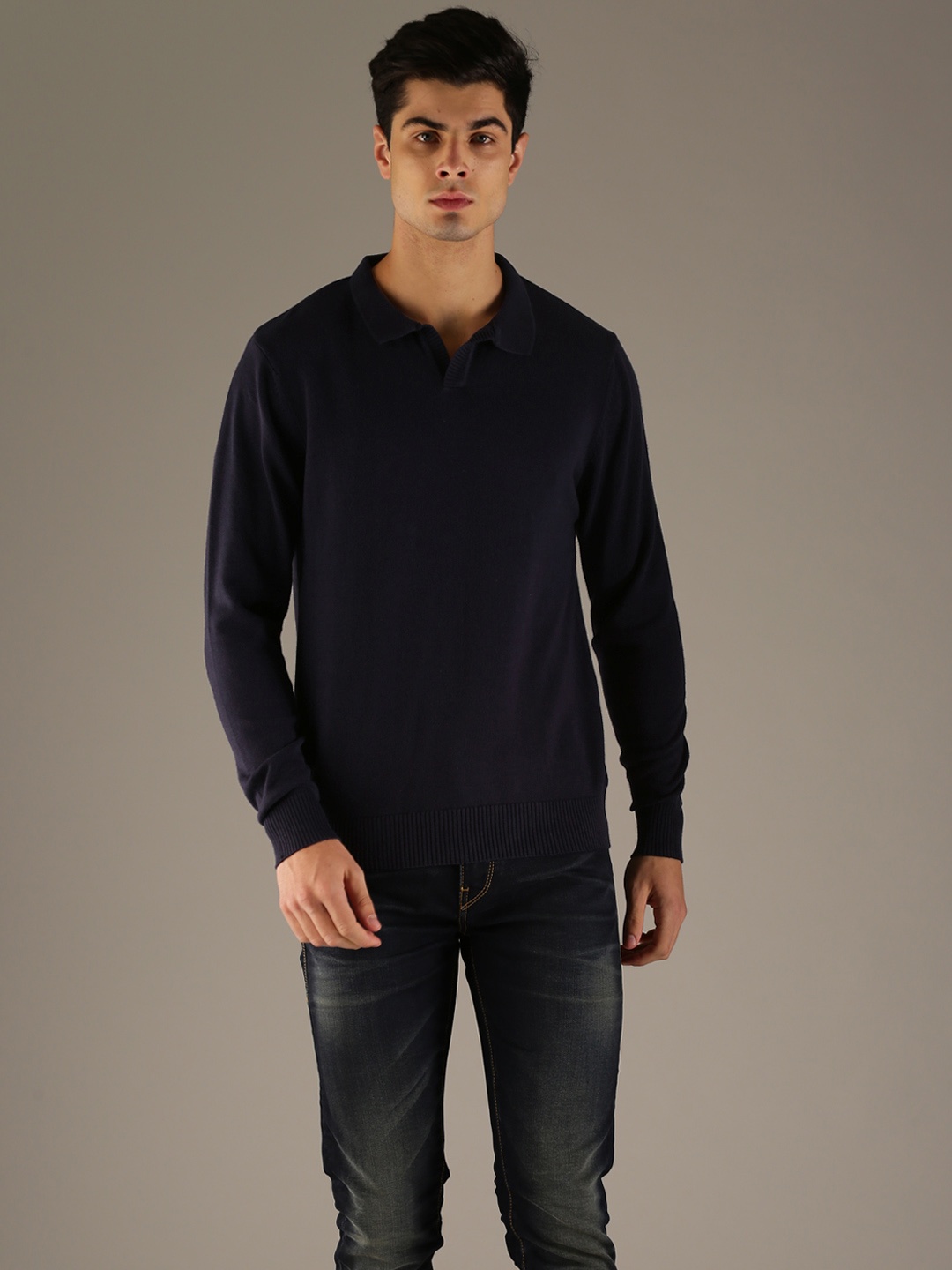 

Flying Machine Men Navy Blue Solid Pullover