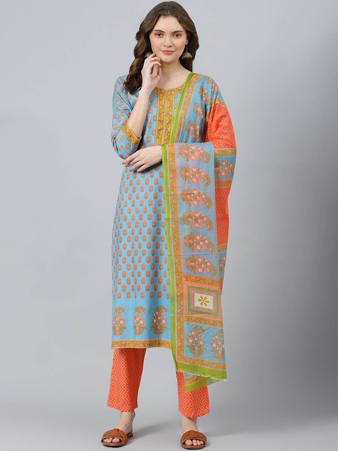 

RATAN Floral Printed Pure Cotton Kurta with Trousers & Dupatta, Turquoise blue