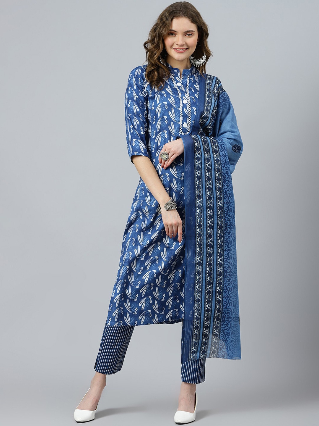 

RATAN Floral Printed Kurta With Trousers & Dupatta, Blue