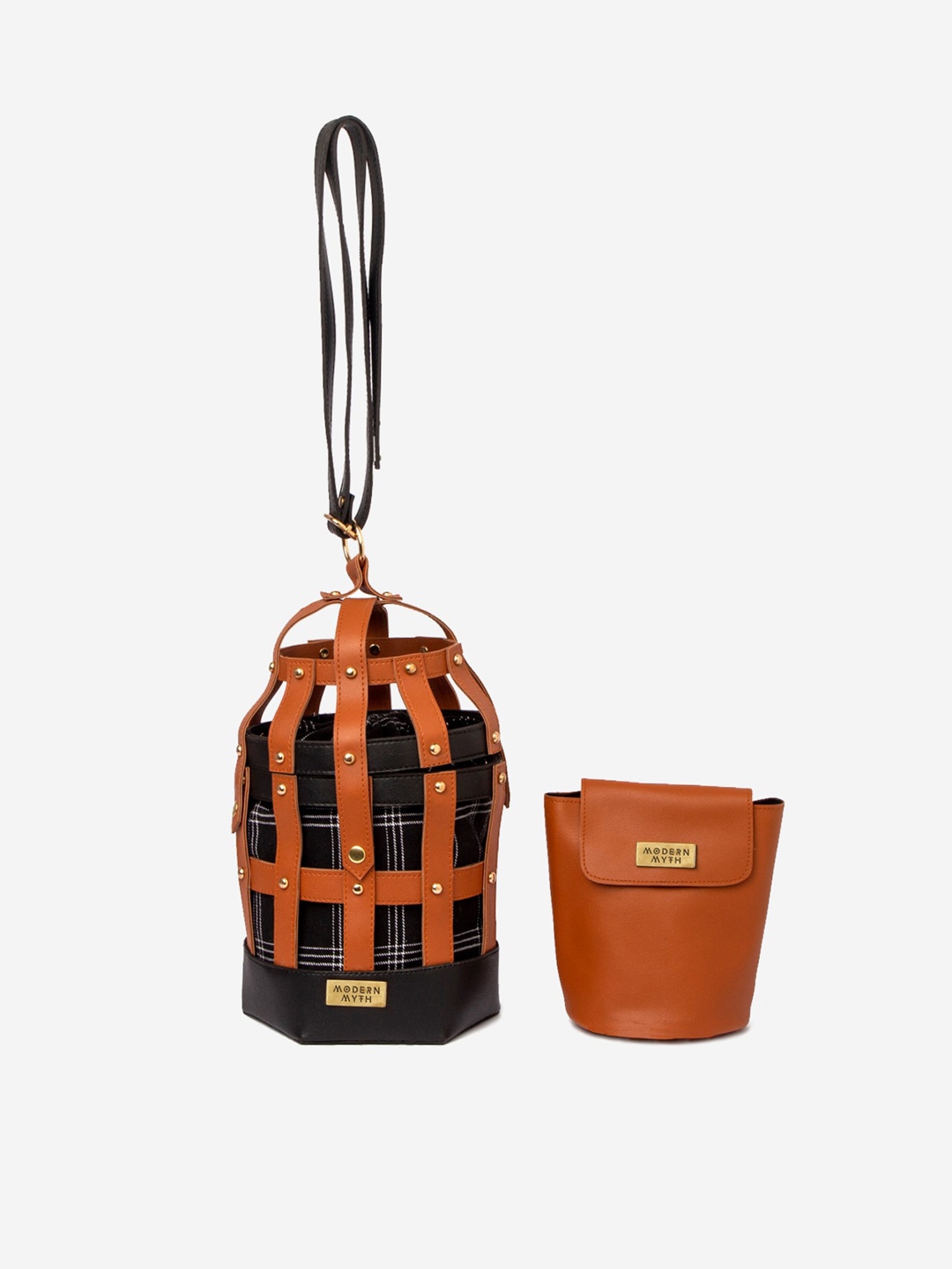 

MODERN MYTH Set Of 2 Checked Bucket Handheld Bag with Pouch, Tan