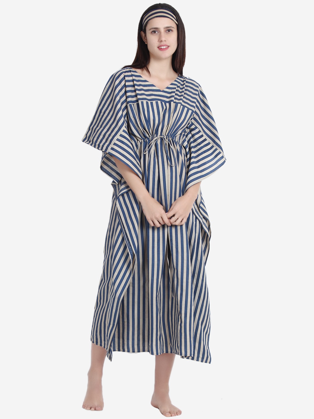 

Anaario Striped Pure Cotton Kaftan Midi Nightdress, Beige
