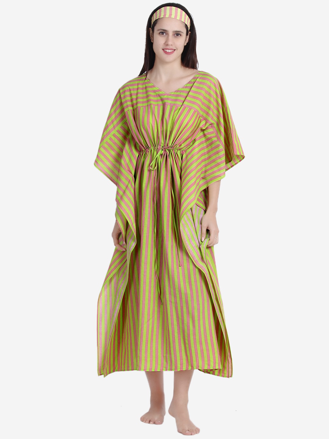 

Anaario Striped Pure Cotton Kaftan Midi Nightdress, Peach