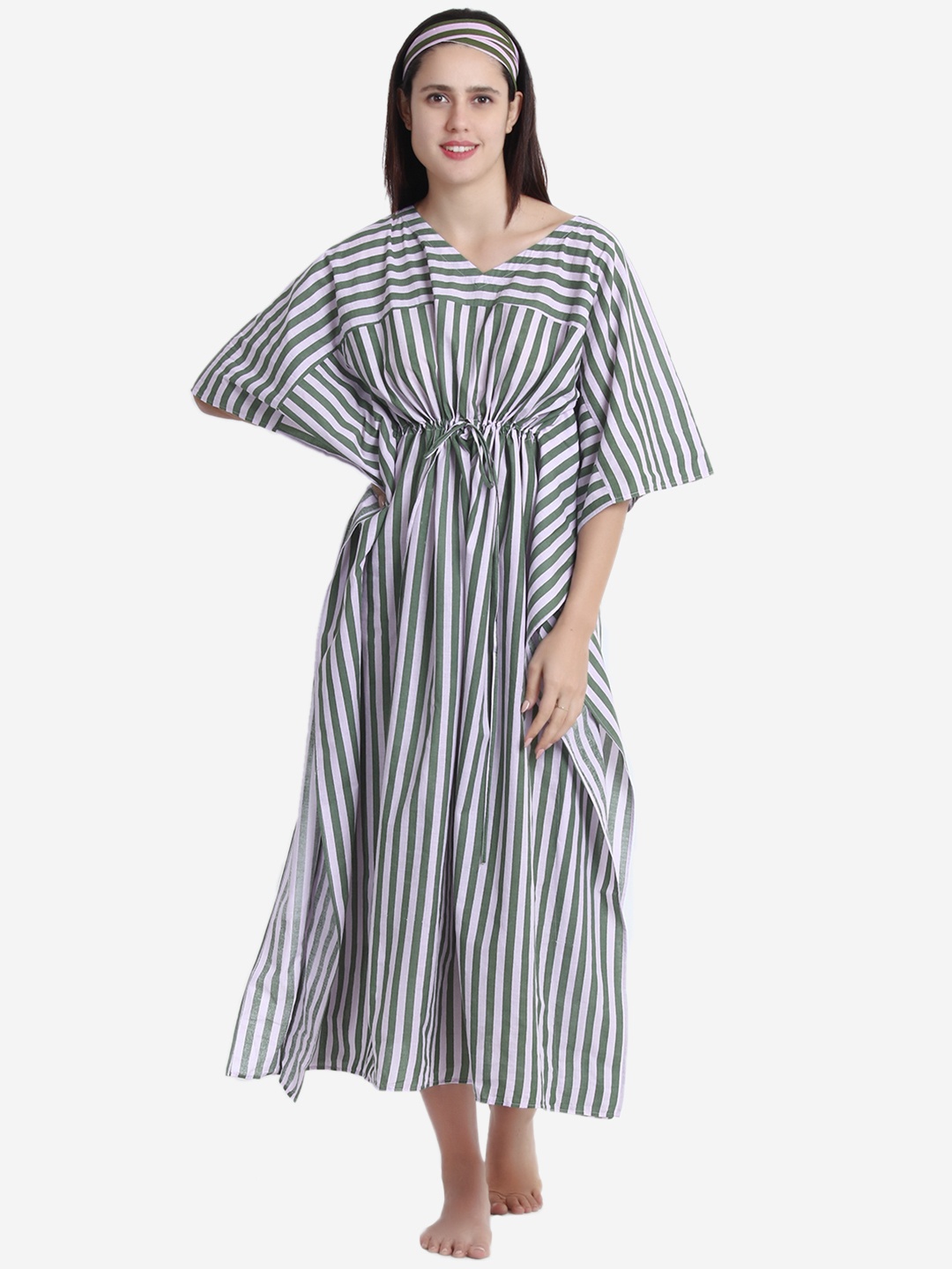 

Anaario Striped Pure Cotton Kaftan Midi Nightdress, Pink